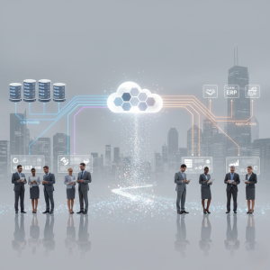Business professionals working with cloud systems integrating on-premise servers, applications, and ERP platforms as part of it infrastructure managed services.