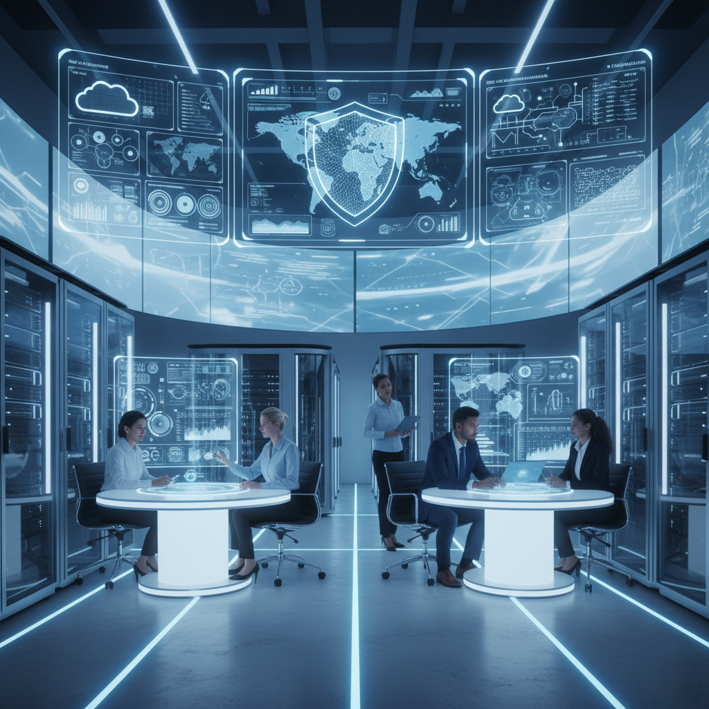 IT professionals collaborating inside a futuristic data center with cybersecurity dashboards and cloud system monitoring displays representing it infrastructure managed services.