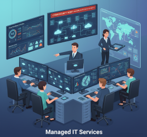 A technical operations team monitoring cybersecurity dashboards, cloud performance, and network systems as part of it infrastructure managed services.