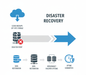 A visual diagram showing disaster recovery steps including cloud backups, data restoration, failover systems, and uptime guarantees as part of it infrastructure managed services.