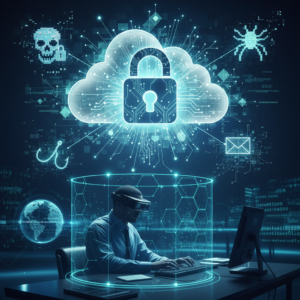 "A cybersecurity expert working in a high-tech environment, surrounded by digital symbols of security threats like hackers, malware, and phishing emails. A cloud lock icon represents secure data protection, highlighting the importance of IT infrastructure in preventing cyberattacks and ensuring safe, uninterrupted business operations."