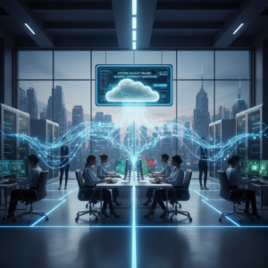 "A futuristic office with professionals working at computers, surrounded by advanced IT infrastructure. The scene shows a cloud system backup online, ensuring business continuity. The image represents the importance of reliable IT infrastructure in maintaining smooth operations, with glowing digital networks symbolizing connectivity and data security."