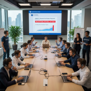 "A cybersecurity training session in a modern conference room with professionals wearing headsets and laptops, engaging in a phishing attack simulation. A large screen displays a simulated malicious link warning, highlighting the importance of cybersecurity awareness and training as part of a company's IT infrastructure to prevent data breaches and ensure digital security."