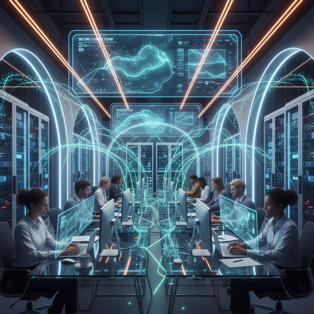 "A high-tech server room with professionals working at computers, surrounded by digital data flows and secure connection indicators. The image highlights the importance of IT infrastructure, with visual representations of secure, interconnected systems that enable seamless collaboration and data security in modern business environments."