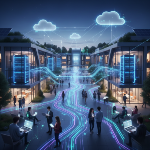 The image showcases a modern digital infrastructure, featuring a futuristic tech campus with individuals working on laptops, surrounded by interconnected cloud computing, data streams, and advanced technology systems. The infrastructure is visually represented with glowing digital lines and cloud symbols, symbolizing connectivity, data transfer, and technological innovation.