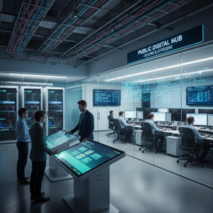 The image depicts a high-tech digital hub, featuring a secure and efficient workspace with advanced servers and workstations. It showcases professionals interacting with interactive touch screens, analyzing data on large monitors, and managing infrastructure. The setting represents the backbone of modern technological infrastructure, focusing on data management, security, and system efficiency.