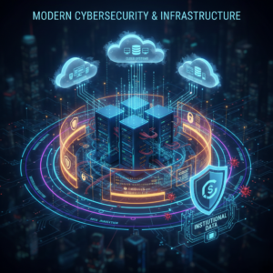 The image illustrates a futuristic depiction of modern cybersecurity and infrastructure, with interconnected cloud systems and secure data servers. The visual emphasizes data protection through digital shields, encryption, and secure storage, with a focus on institutional data security. It represents the critical role of cloud-based infrastructure in safeguarding information in today’s digital landscape.