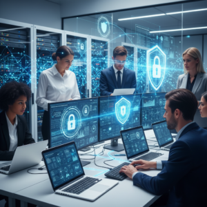 The image shows a group of professionals working together in a cybersecurity operations center, with digital holographic security icons and data visualizations displayed on large screens, representing the concept of cybersecurity solutions for business. The individuals are focused on monitoring and managing security data to protect their organization's digital infrastructure.