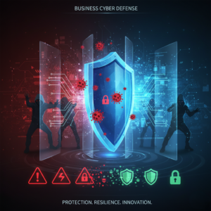 The image depicts a digital representation of business cyber defense, showcasing a shield protecting against cyber threats, including hackers and malware. The image emphasizes the importance of protection, resilience, and innovation in cybersecurity solutions for businesses. The shield is surrounded by various warning icons, illustrating the challenges faced in safeguarding business data from cyberattacks.