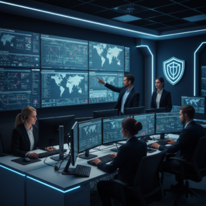 The image shows a high-tech cybersecurity operations center where professionals are monitoring and analyzing global security data on large screens. The team is actively engaged in cybersecurity defense, using advanced software to track and manage threats, illustrating the importance of cybersecurity solutions for businesses. The scene emphasizes a secure and proactive approach to protecting business networks and data from cyber risks.