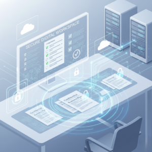 The image illustrates a secure digital workspace with confidential documents, highlighted by virtual security icons like locks and cloud symbols. It demonstrates the concept of cybersecurity solutions for businesses, focusing on compliance and data protection in a digital environment. The image emphasizes a secure and compliant approach to managing sensitive business data in a digital workspace.