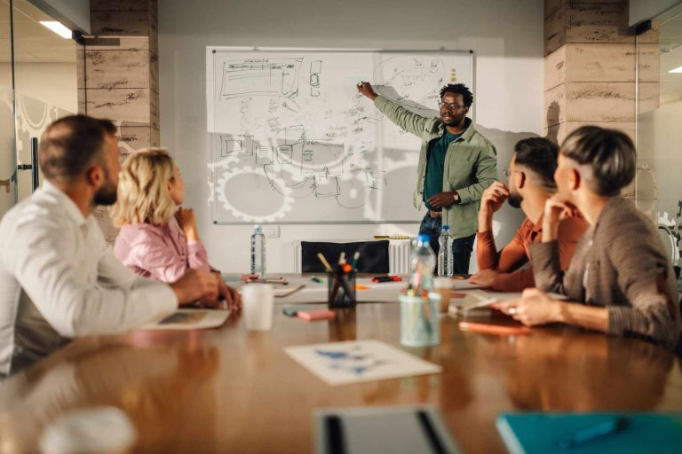 Strategy meeting with a presentation board