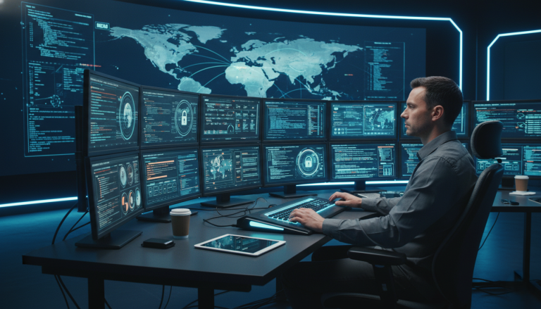 IT engineers monitoring systems in a network operations room